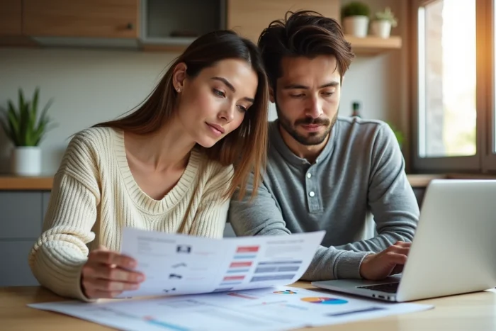 Couple étudiant les dossiers d'aides financières pour leur rénovation énergétique à domicile