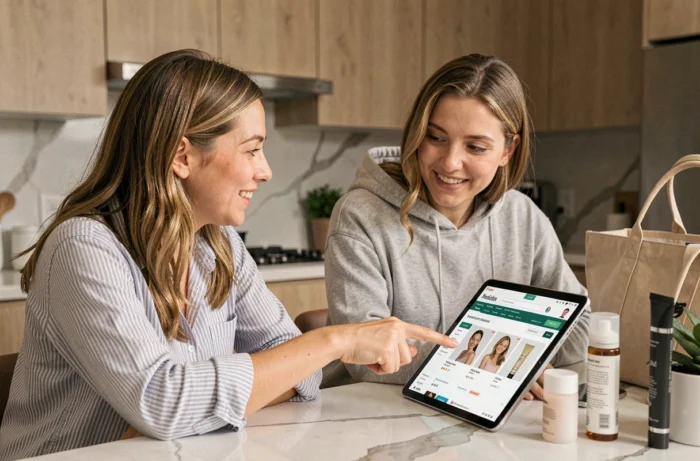 Deux amies comparant des sites de beauté en ligne sur une tablette dans une cuisine moderne