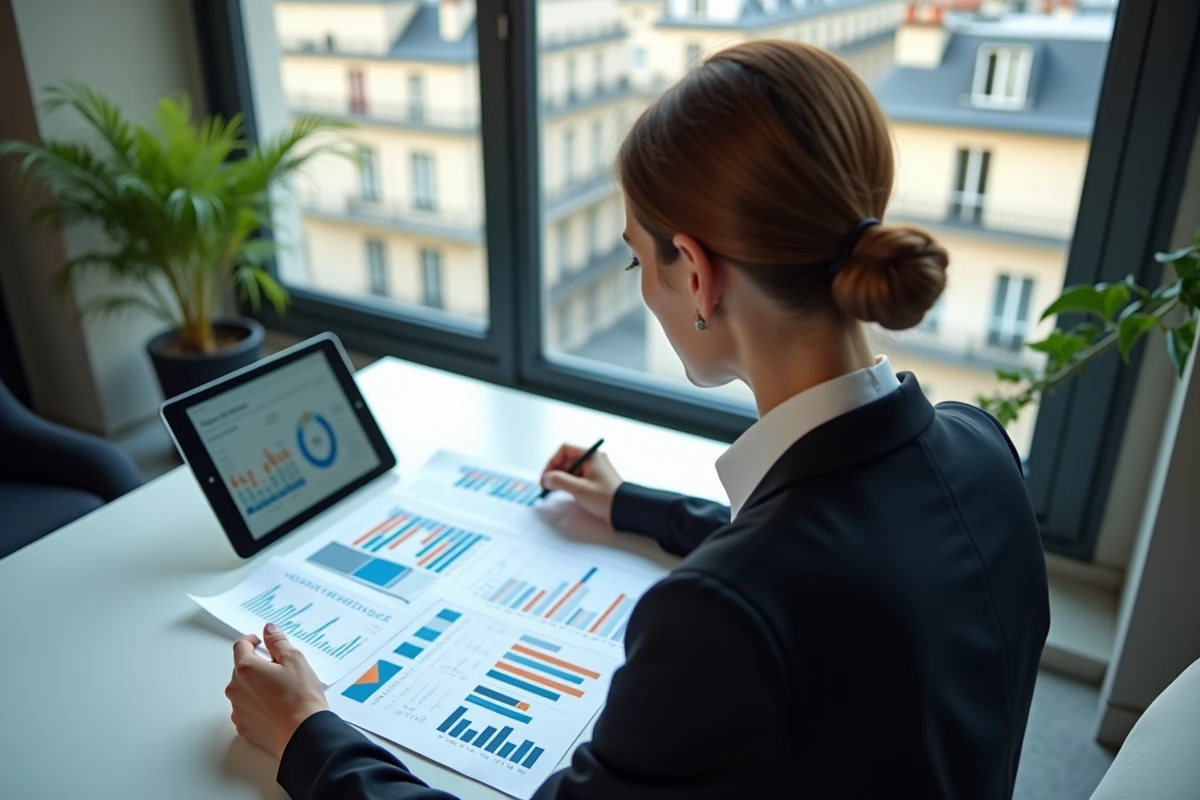 Analyste financier femme analysant des graphiques dans un bureau parisien