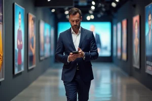 Animateur TV français en costume dans un studio moderne