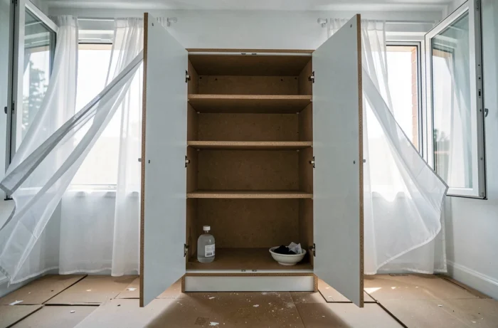 Armoire Ikea neuve grande ouverte dans une chambre avec fenêtres ouvertes et sachets de charbon actif pour absorber les odeurs