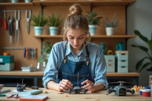 Femme en atelier assemble un drone 3D avec précision