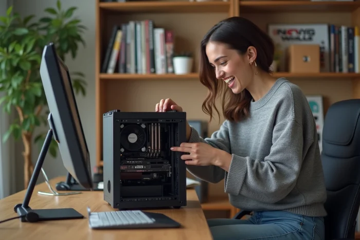 Jeune femme assemble un ordinateur dans un bureau moderne