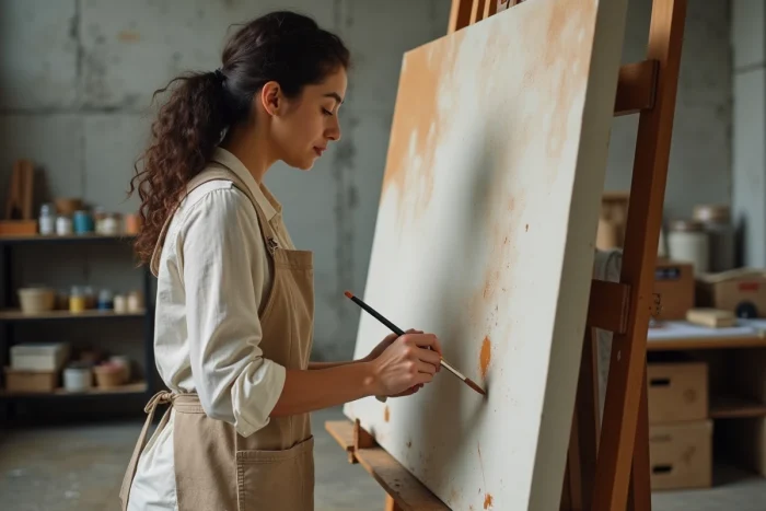 Jeune artiste peintre Astrée Lhermitte-Soka dans son atelier devant une grande toile, pinceau à la main, ambiance créative authentique