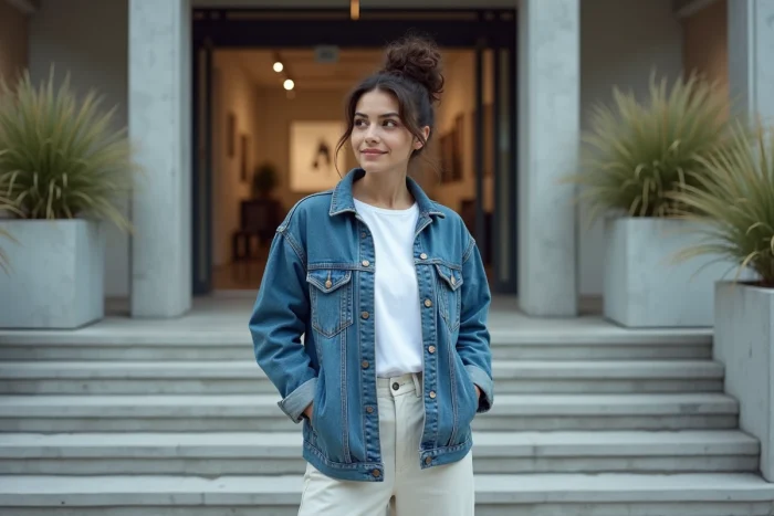 Astrée Lhermitte-Soka devant une galerie d'art contemporaine, artiste prometteuse en extérieur, ambiance culturelle urbaine