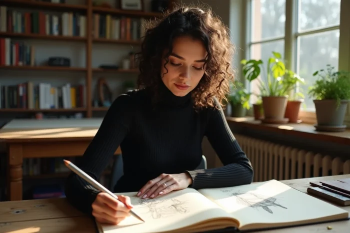 Portrait d'Astrée Lhermitte-Soka consultant son carnet de croquis dans un studio créatif chaleureux, ambiance artistique intimiste