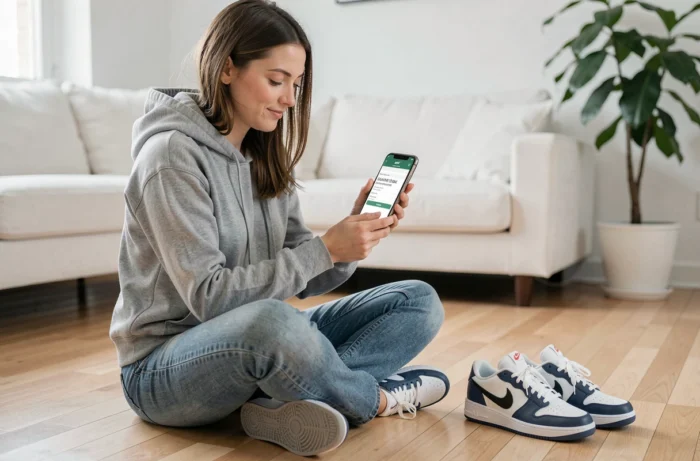 Femme utilisant son smartphone pour vérifier l'authenticité d'une paire de Nike via le numéro de série