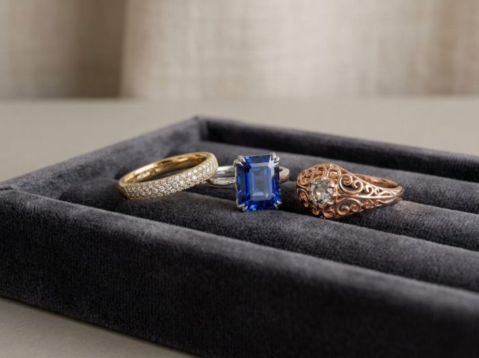 Trois bagues de luxe en or et platine posées sur un plateau en velours gris dans un studio de joaillerie