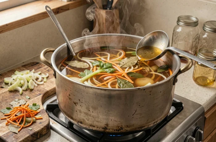 Grande marmite de bouillon maison fumant préparé avec des épluchures de légumes variés posée sur un plan de travail de cuisine