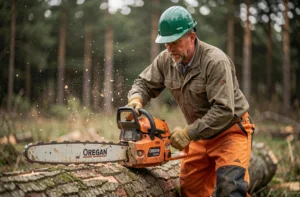 Bûcheron utilisant la tronçonneuse électrique Oregon CS1400 pour couper un tronc d'arbre en forêt