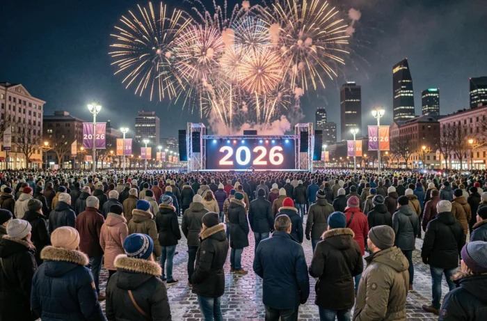 Grande foule réunie sur une place publique pour célébrer le Nouvel An 2026 avec feux d'artifice et décompte géant