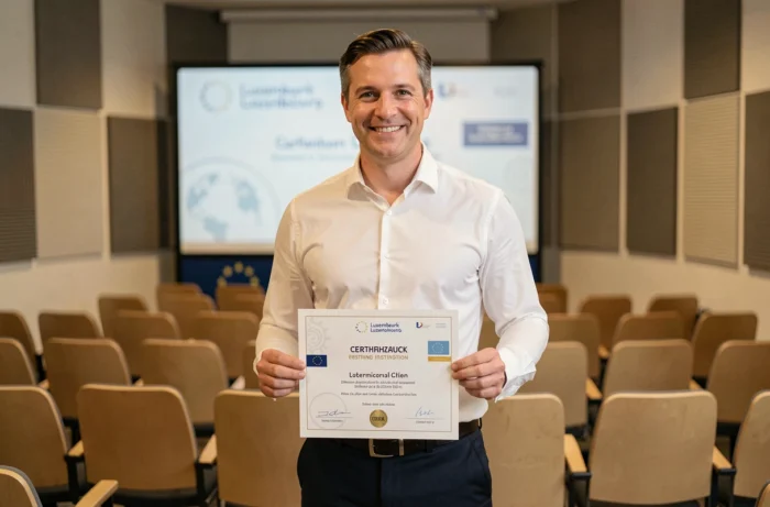 Homme tenant un certificat de formation professionnelle lors d'un atelier au Luxembourg