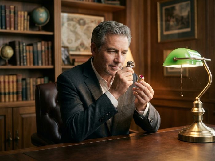Collectionneur expert inspectant une bague en or avec rubis à la loupe dans un bureau privé