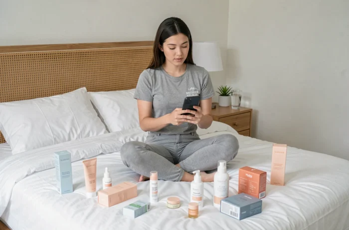 Jeune femme comparant des produits de beauté sur smartphone entourée de cosmétiques sur son lit