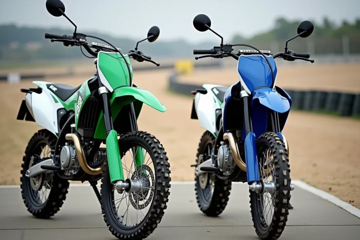 Deux motos 125 cross homologuées route côte à côte dans un paddock de circuit, livrees bleue et verte, comparatif visuel pour 2025