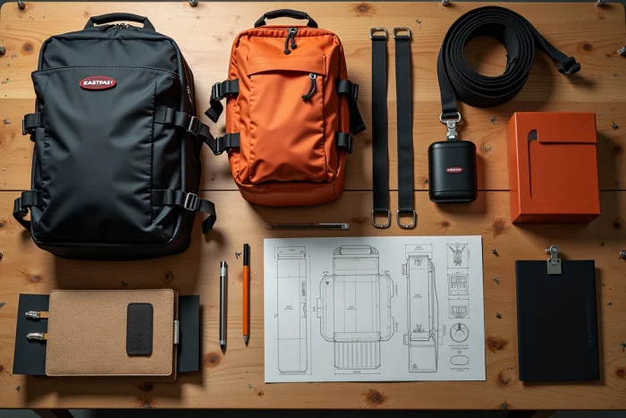 Vue à plat des composants et matériaux utilisés dans la fabrication d'un sac Eastpak, incluant tissu nylon, fermetures éclair et sangles