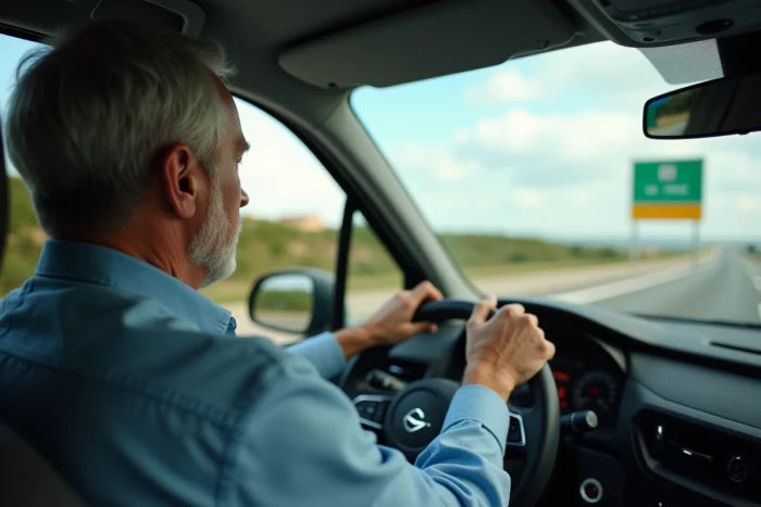 Conducteur lisant un panneau d'autoroute gratuite en Espagne depuis l'intérieur de sa voiture