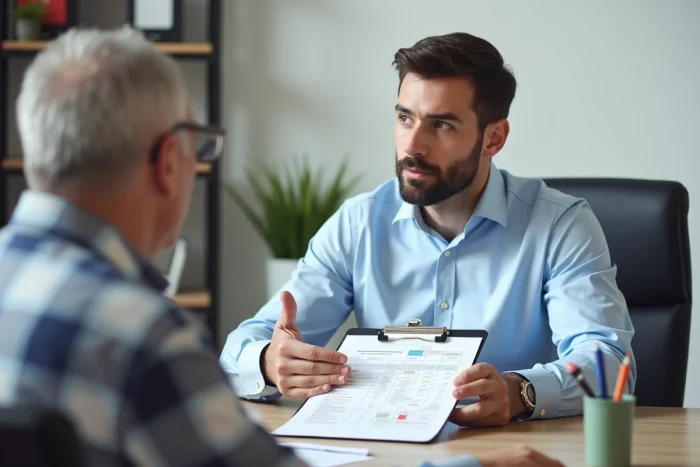 Conseiller en rénovation présentant les plafonds de revenus MaPrimeRénov à un propriétaire lors d'un rendez-vous