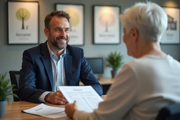 Conseiller présentant les tarifs et loyers d'une résidence senior Domitys à une personne âgée