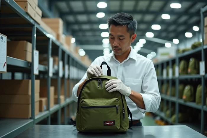 Contrôle qualité d'un sac à dos Eastpak fini par un inspecteur en usine, vérifiant les fermetures et coutures