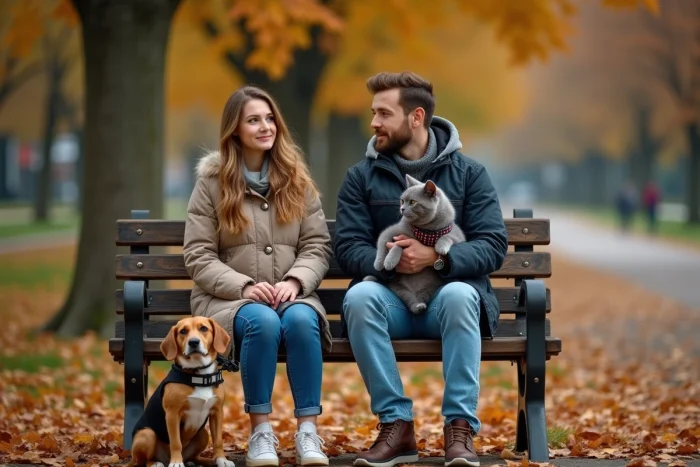 Couple assis sur un banc dans un parc en automne avec un beagle en laisse et un chat gris en harnais