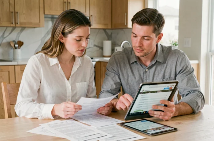 Couple examinant des documents de location immobilière et une plateforme spécialisée en ligne sur tablette dans une cuisine moderne