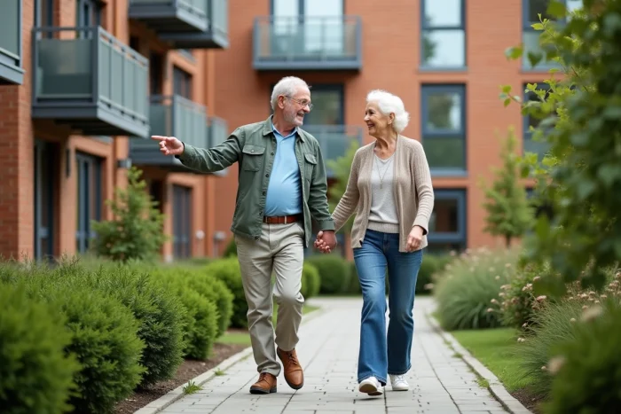 Couple de seniors se promenant dans le jardin d'une résidence Domitys aux tarifs abordables