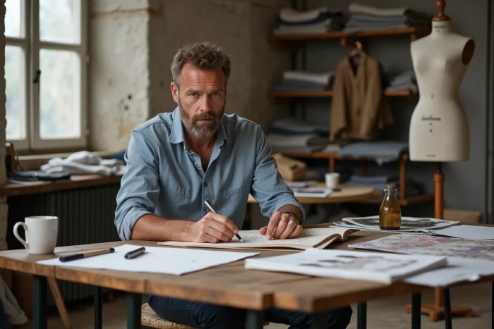 Créateur de mode masculin travaillant dans un atelier parisien entouré de tissus durables et de planches d'inspiration, reflétant les enjeux contemporains de la création vestimentaire