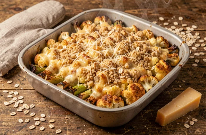 Crumble salé de légumes au parmesan et flocons d'avoine gratiné et doré dans un plat de cuisson rustique