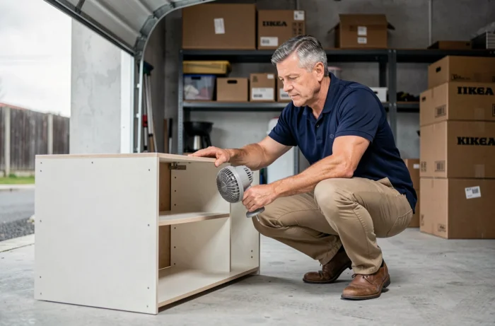 Homme utilisant un ventilateur pour accélérer le dégazage d'un meuble TV Ikea neuf dans un garage avec porte ouverte