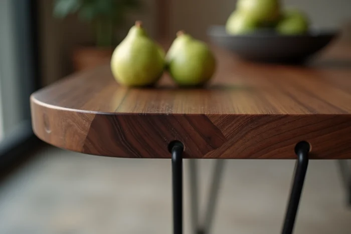 Détail du grain et de la finition d'une table design en bois de noyer avec pieds épingles en acier