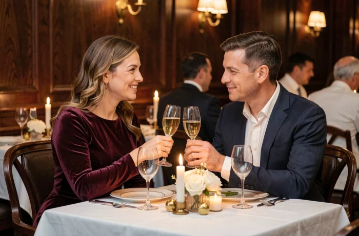 Couple élégant dînant dans un restaurant chic pour le réveillon du Nouvel An 2026 dans une ambiance intime et raffinée
