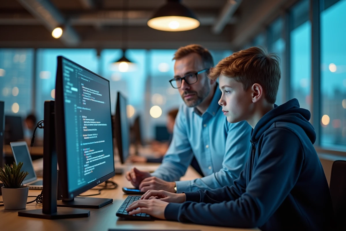 Homme et adolescent discutent de code dans un espace de coworking