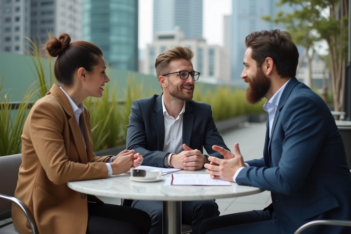Groupe de professionnels en discussion en extérieur