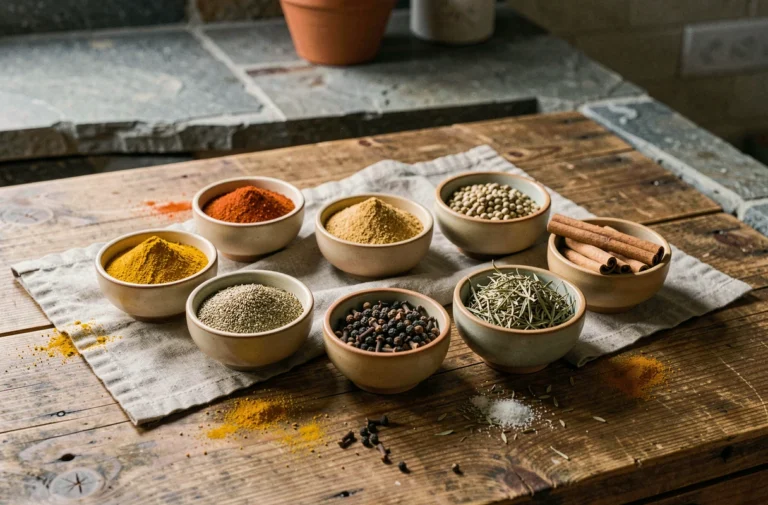 Dix épices incontournables disposées dans des bols en céramique sur une table en bois rustique pour sublimer légumes et gratins