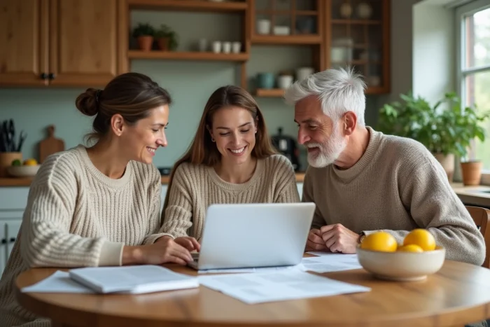 Un couple dans la cinquantaine discute d'une donation familiale avec leur enfant adulte autour d'une table de cuisine avec des documents financiers