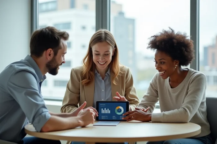 Équipe de professionnels diversifiés collaborant autour d'une tablette affichant une plateforme web dans une salle de réunion moderne