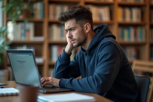 Étudiant universitaire frustré devant un écran d'erreur sur son ordinateur portable dans une bibliothèque universitaire