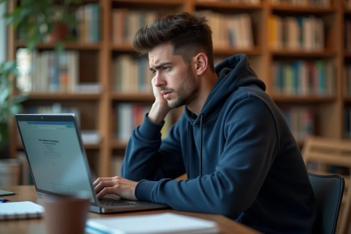 Étudiant universitaire frustré devant un écran d'erreur sur son ordinateur portable dans une bibliothèque universitaire