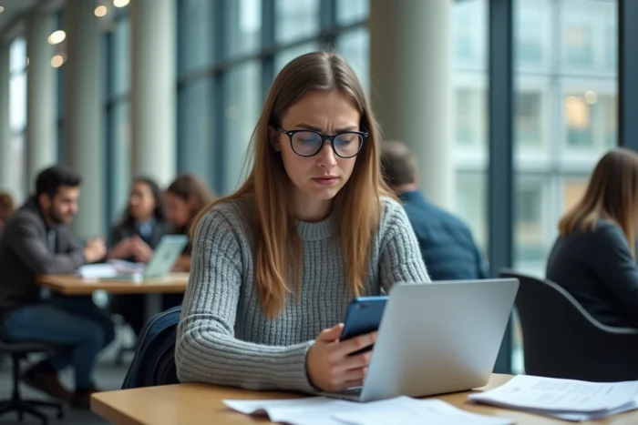 Étudiante consultant son téléphone et son ordinateur pour vérifier une panne de l'ENT dans un espace commun universitaire