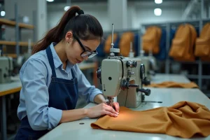 Ouvrière cousant un sac Eastpak dans une usine de fabrication moderne, montrant le processus de production artisanal et industriel