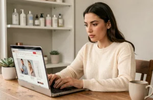 Femme consultant un site de beauté en ligne sur son ordinateur portable dans un bureau à domicile cosy