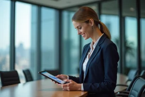 Femme d'affaires souriante en costume bleu dans un bureau moderne