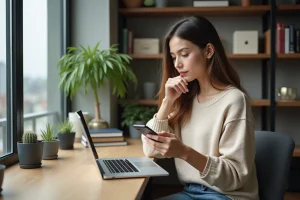 Jeune femme analysant ses statistiques Instagram au bureau