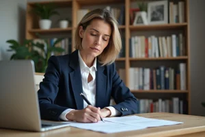 Femme signant une attestation de non occupation de logement à son bureau administratif