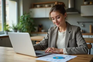 Jeune femme au bureau analysant un graphique financier