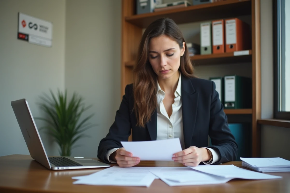 Jeune femme lisant un courrier dans un bureau simple