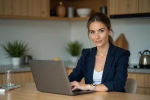 Femme concentrée travaillant sur son ordinateur dans la cuisine