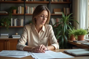 Femme d'environ 40 ans dans un bureau organisé lisant des documents