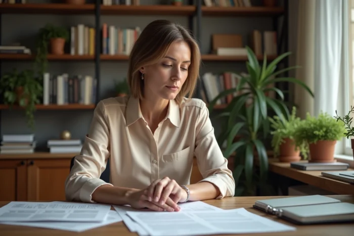 Femme d'environ 40 ans dans un bureau organisé lisant des documents